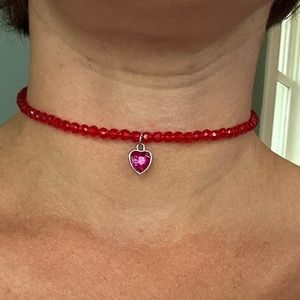 Red Beaded Choker With Pink Heart Pendant 🩷